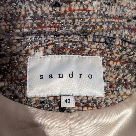 Sandro Tweed Boucle Leather Trim Collarless Moto Jacket - Picture 6 of 13